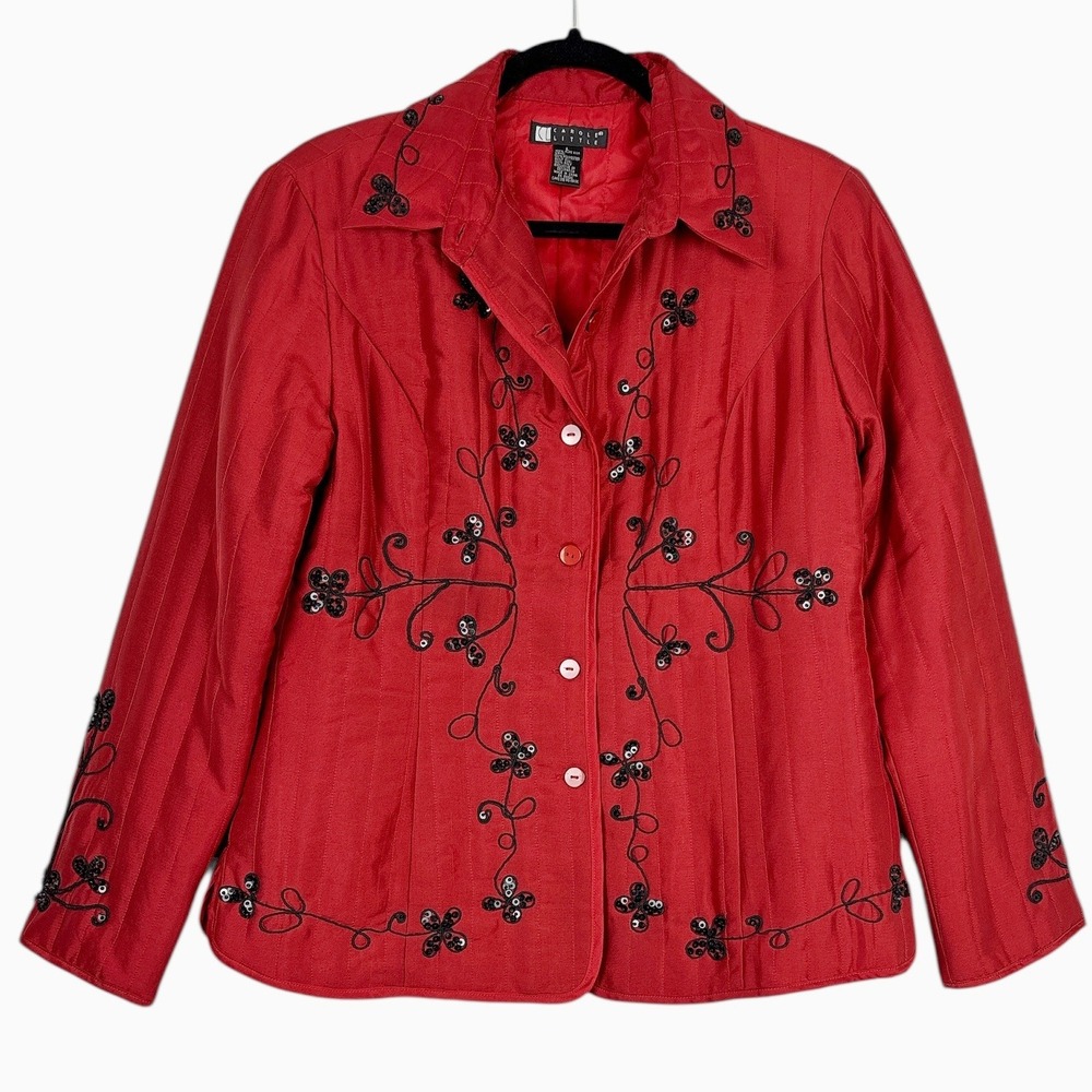 Carole Little Red Silk Jacket Women's Large Embroidered Sequin Quilted